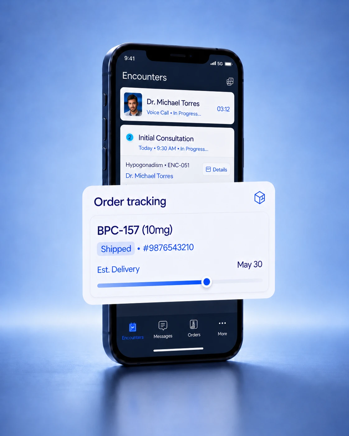 Healthaide patient app showing encounters and order tracking